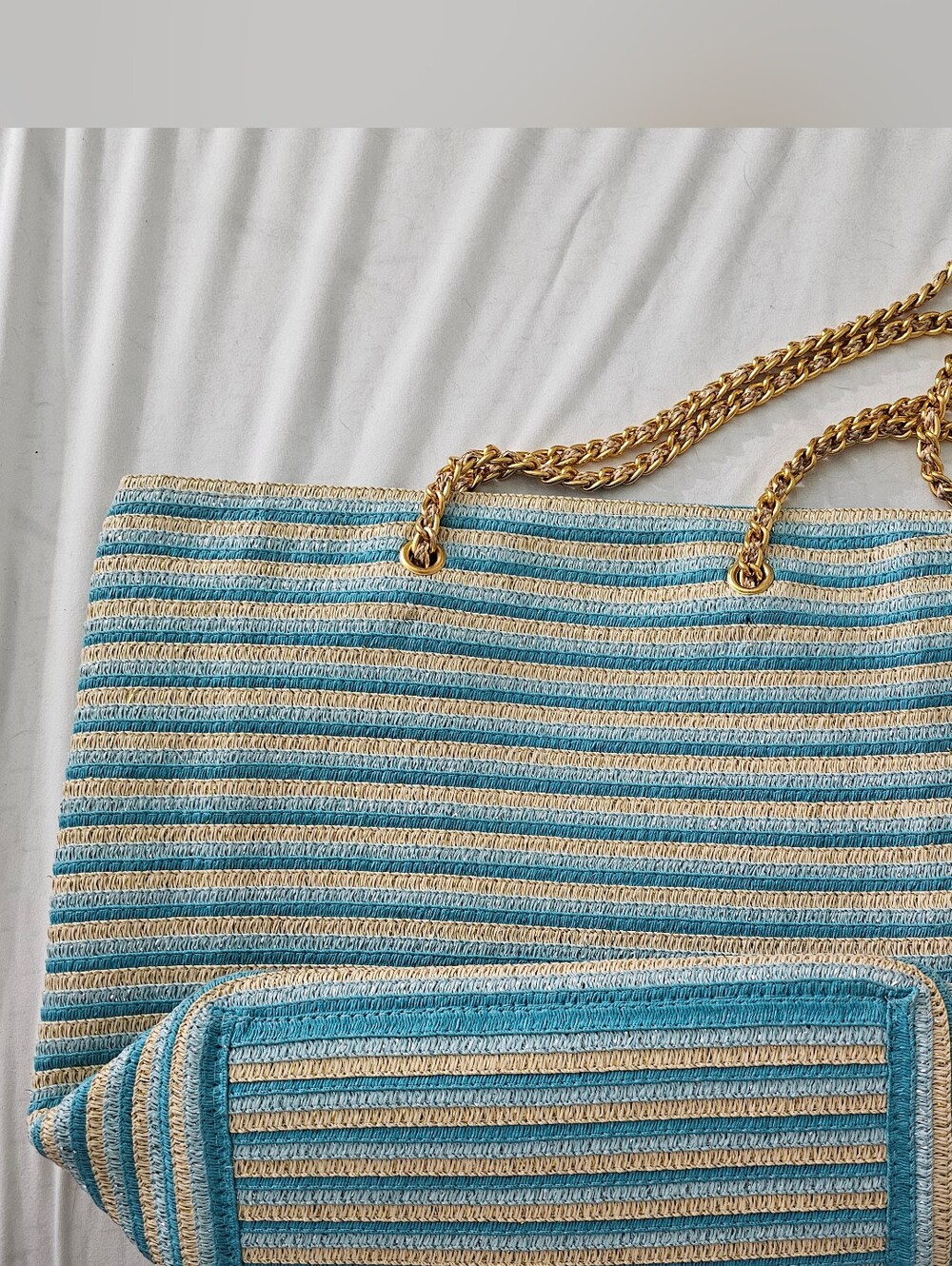 Striped Blue and Cream Straw Tote Bag with Gold Chain Handles